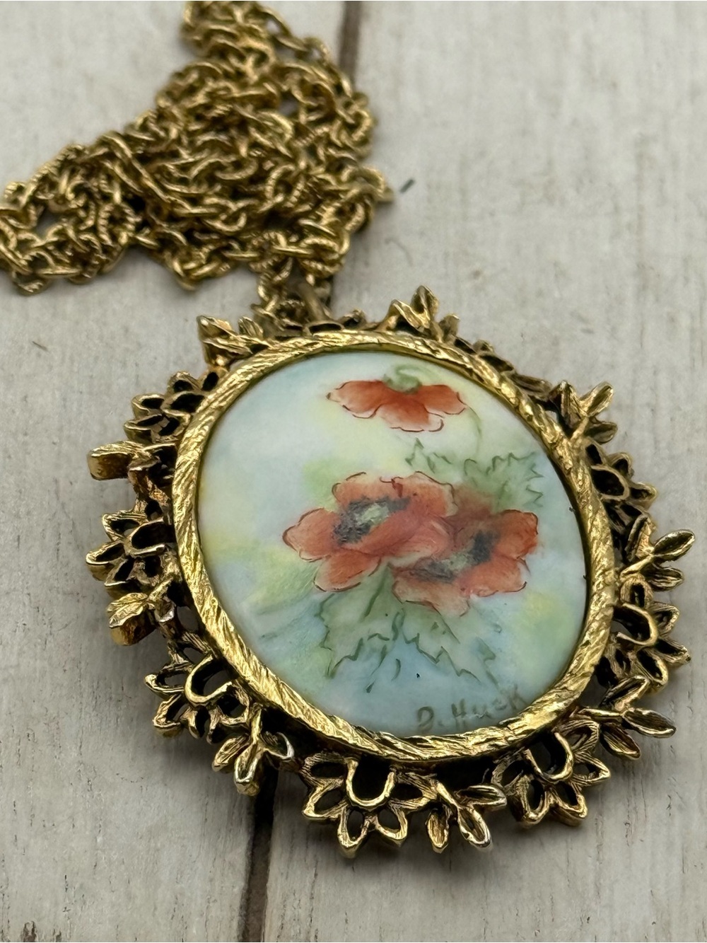 Vintage Hand-Painted Floral Porcelain Pendant Necklace in Gold-tone - Red Floral